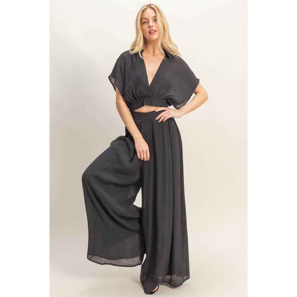 Collared Wrap Top & Wide-Leg Pants Set