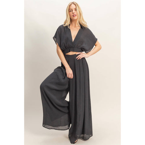Collared Wrap Top & Wide-Leg Pants Set