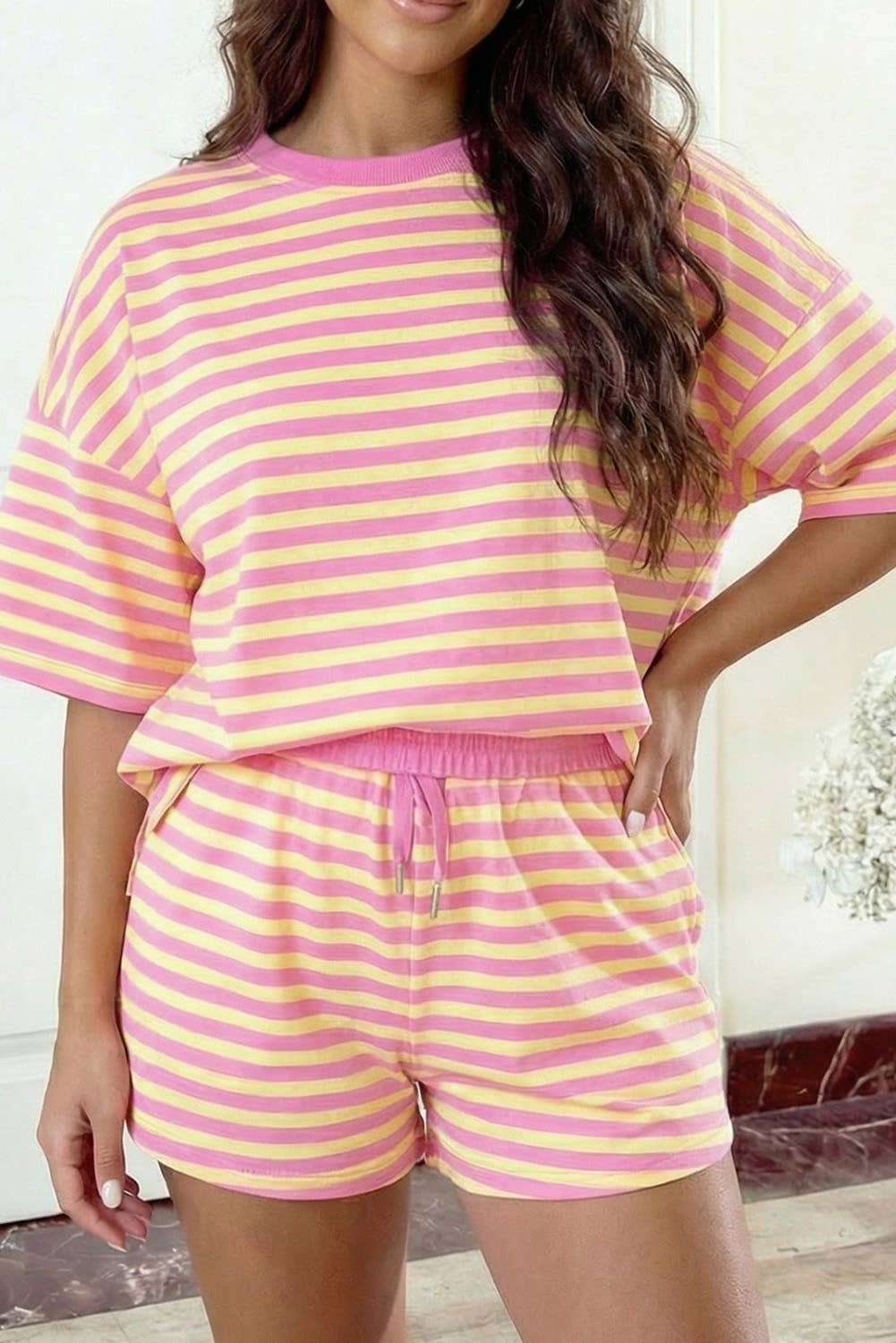 Striped Short Sleeve Shorts Set