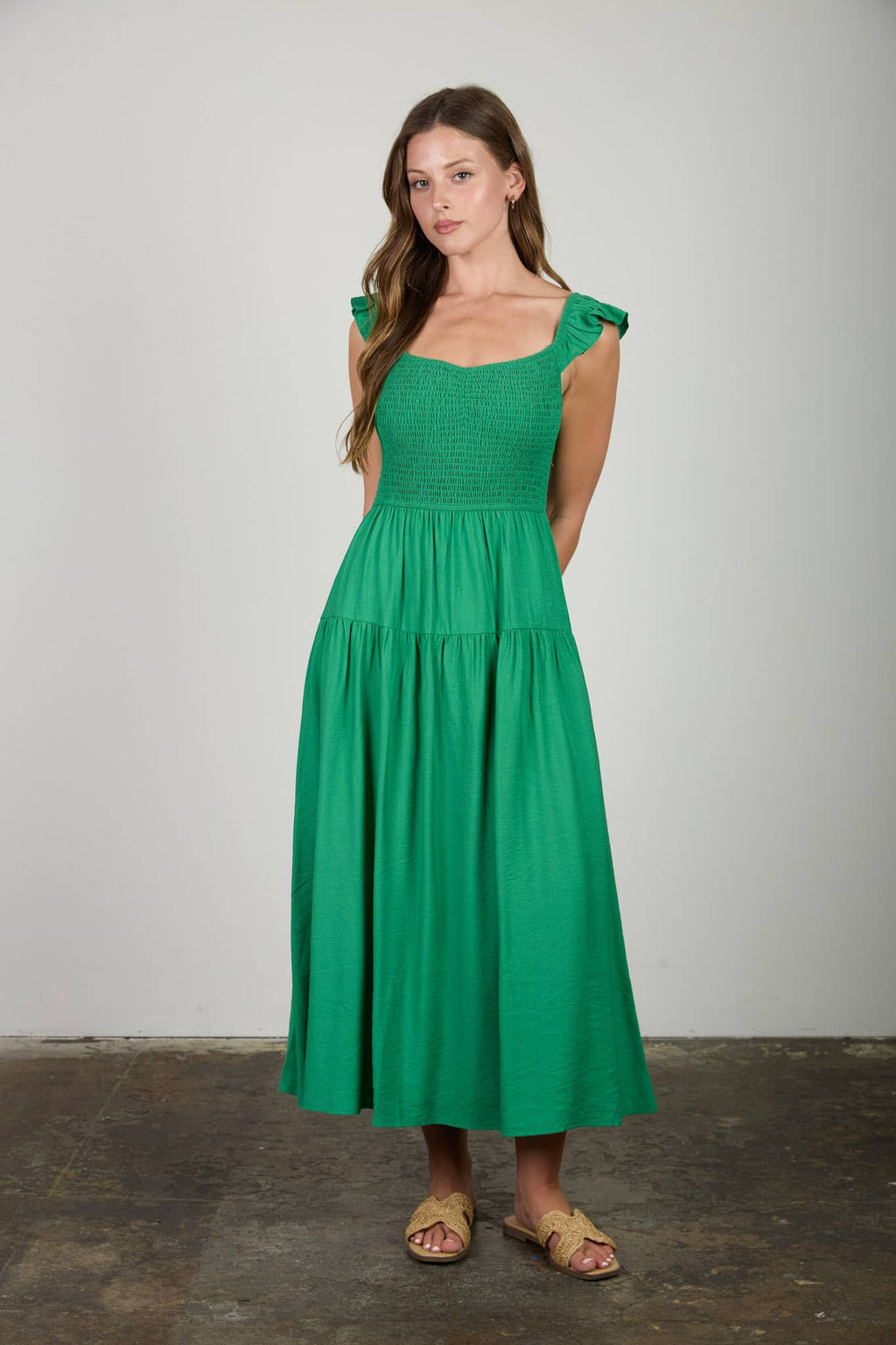 Smocked Ruffle Sleeve Midi Dress