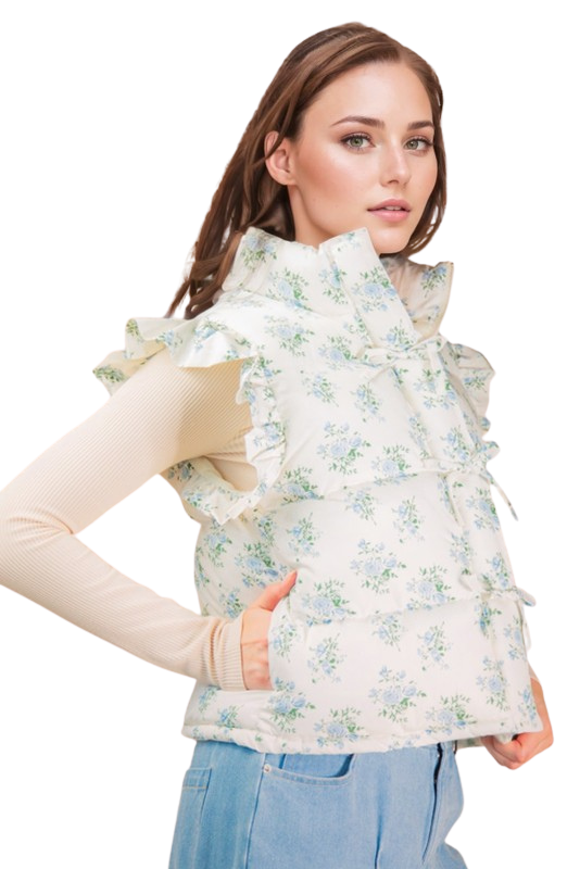 Front Bow Ruffle Sleeve Puffer Vest