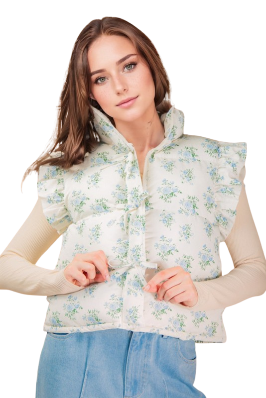 Front Bow Ruffle Sleeve Puffer Vest