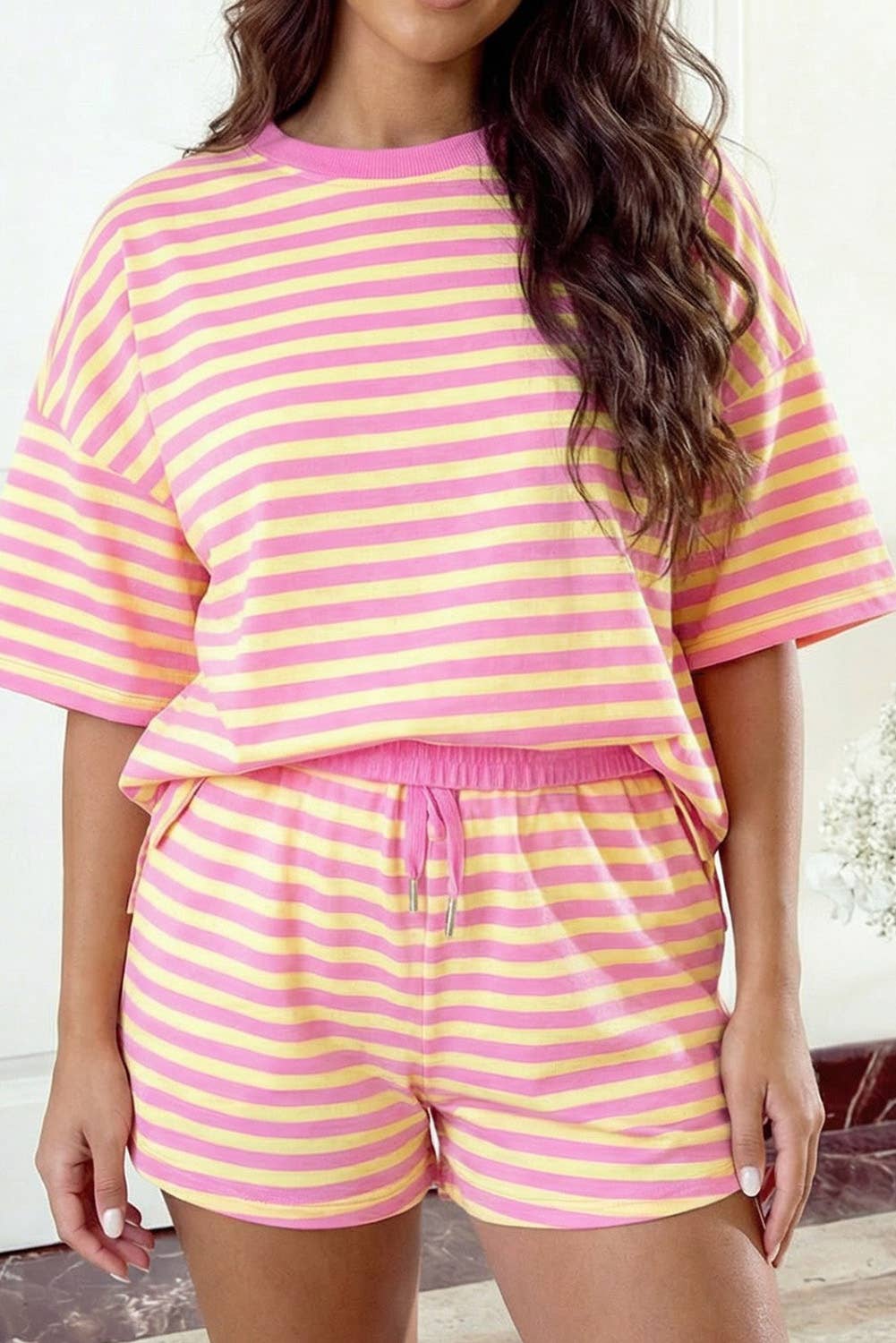 Striped Short Sleeve Shorts Set