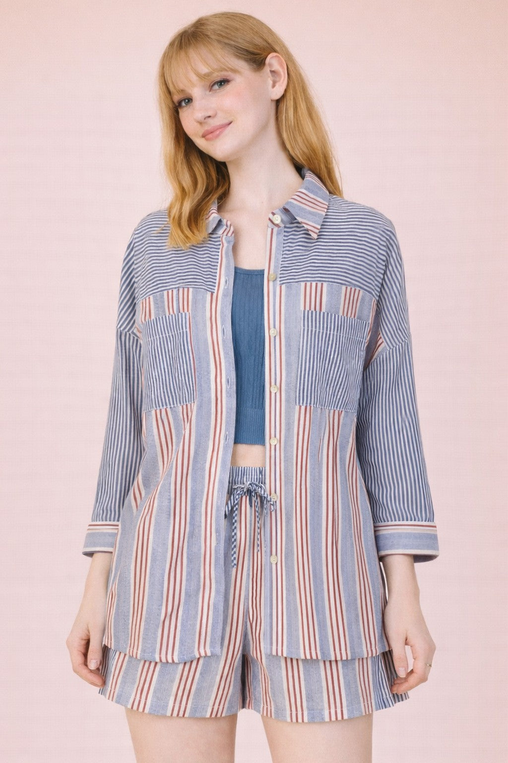 Woven Striped Shirt Top & Shorts Set